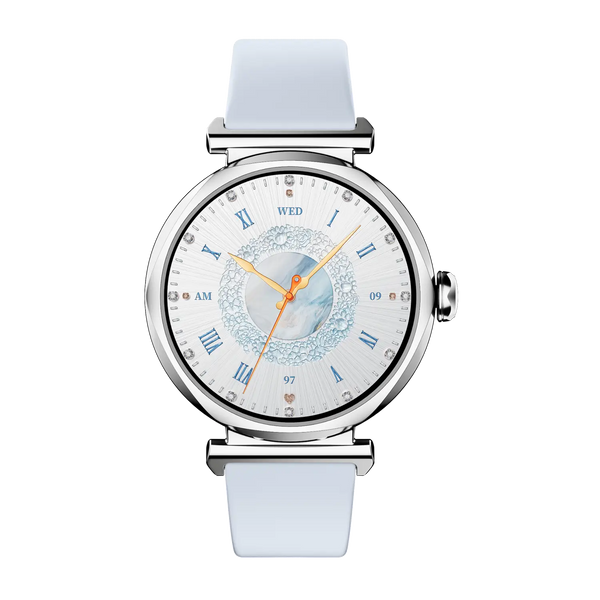 Runmefit GRACE Smart Watch for Women with elegant blue strap and stylish display showing time and date.