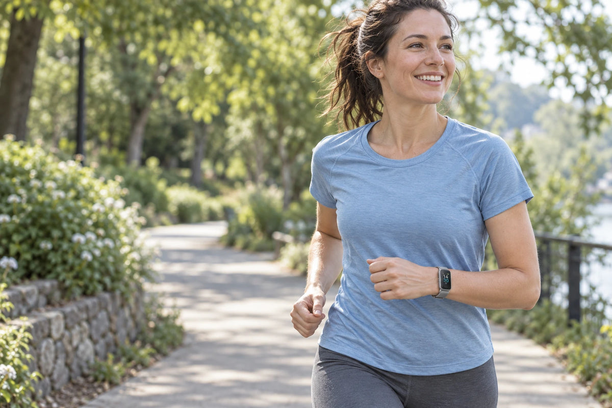 A runner wearing a gray Runmefit GTL1 fitness tracker.