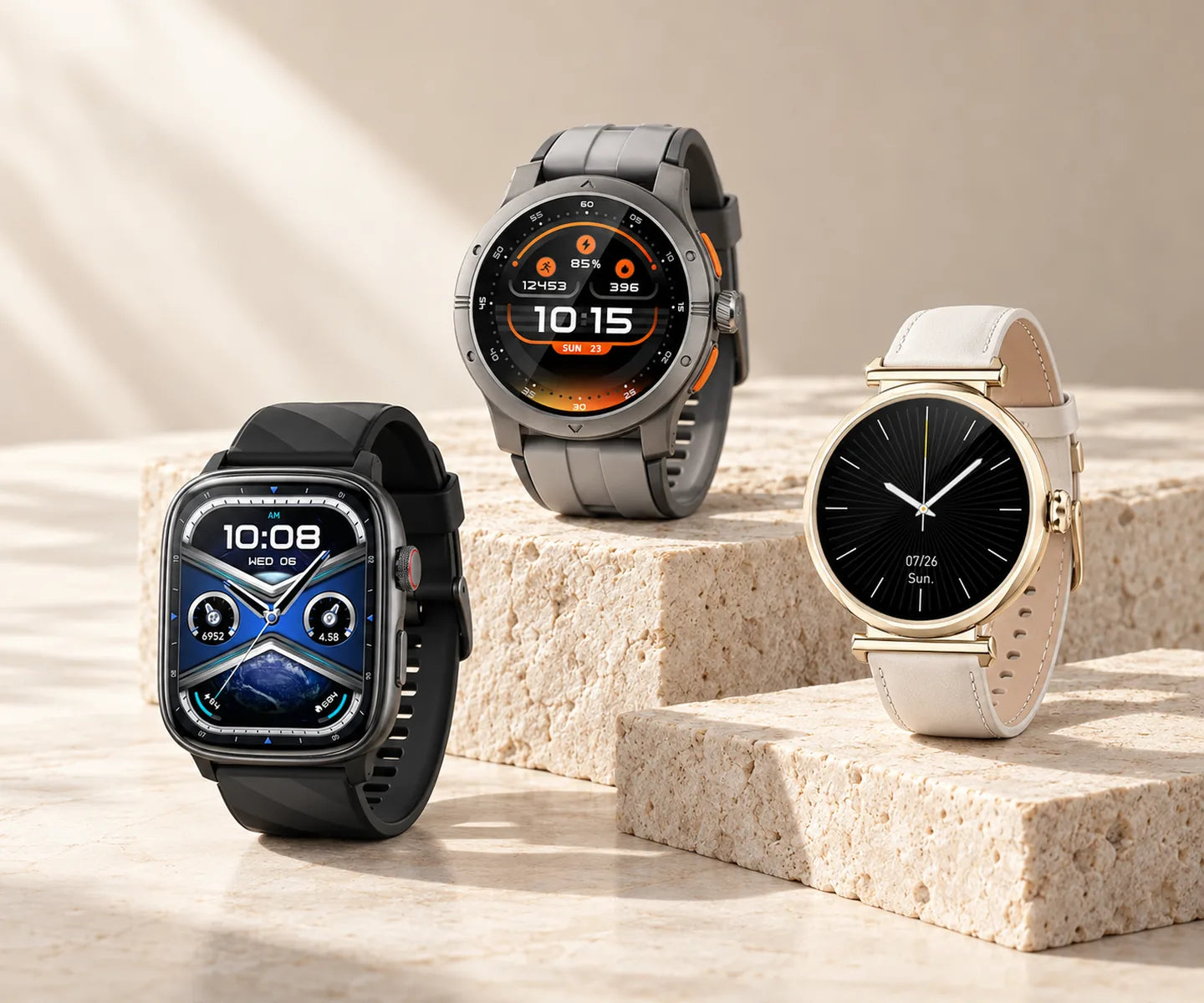 Runmefit WATCH 4, RACER 3 and GRACE on light stone
